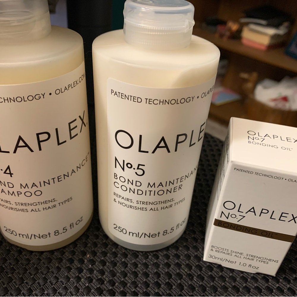OlaPlex 4, 5 & 7 Bond maintenance shampoo & conditioner and bonding oil.